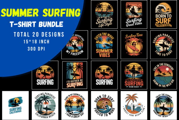 Download Summer Surfing T-Shirt Design Bundle PNG - Design Collection